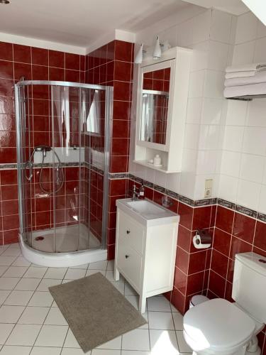 a bathroom with a shower and a toilet and a sink at Nordes in Ragaciems