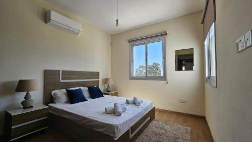 a bedroom with a bed with blue pillows and a window at Plage Residences in Paphos City