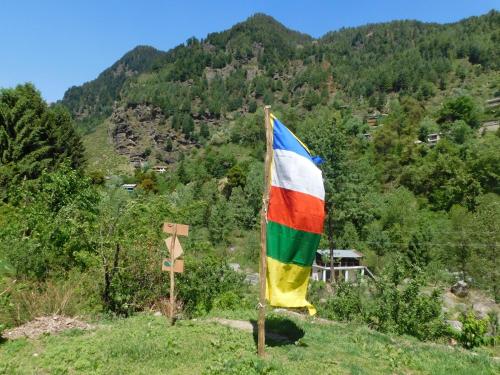a flag on a pole in a field with a mountain at The Sigiriya Old manali in Manāli