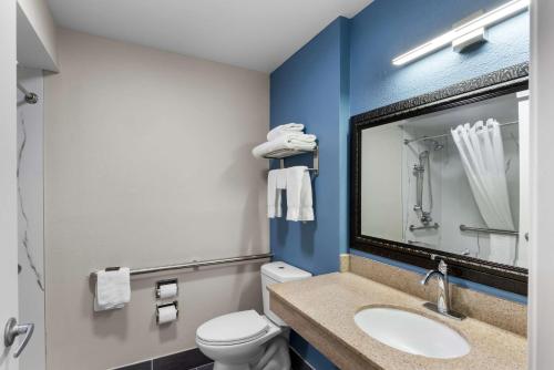 a bathroom with a toilet and a sink and a mirror at Park Inn by Radisson in San Antonio