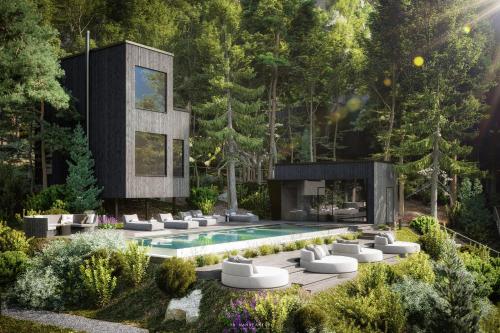a garden with a pool with white chairs and a fireplace at Hotel Fischerwirt Natur WaldSPA in Faistenau