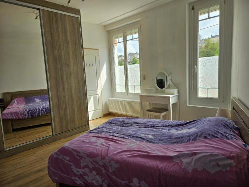 a bedroom with a bed and a large mirror at Chambre pleine de charme face à la muraille romaine et face à la cathédrale in Le Mans