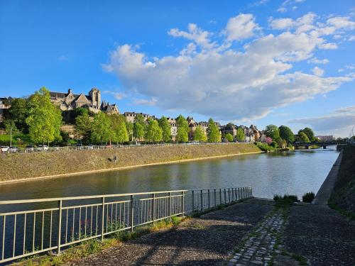 une rivière dans une ville avec des maisons et une clôture dans l'établissement Chambre pleine de charme face à la muraille romaine et face à la cathédrale, au Mans