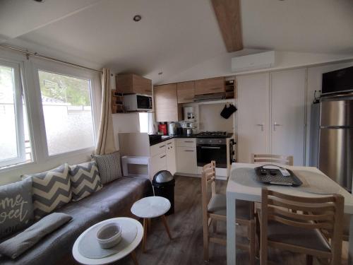 un salon avec un canapé et une table dans l'établissement mobil home Vias plage, à Vias