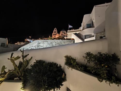 un mur blanc avec des plantes dessus la nuit dans l'établissement Imarkellis Pyrgos Cave and Belfry Charm Santorini, à Pyrgos