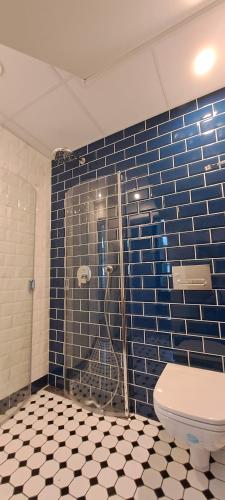 a bathroom with a toilet and a blue tile wall at Hobupostijaama maja in Rapla