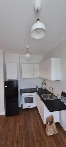 a kitchen with a black refrigerator and a sink at Hobupostijaama maja in Rapla