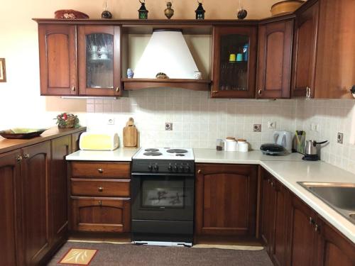 a kitchen with wooden cabinets and a stove top oven at Helmos View - Relaxation & Nature in Valimí