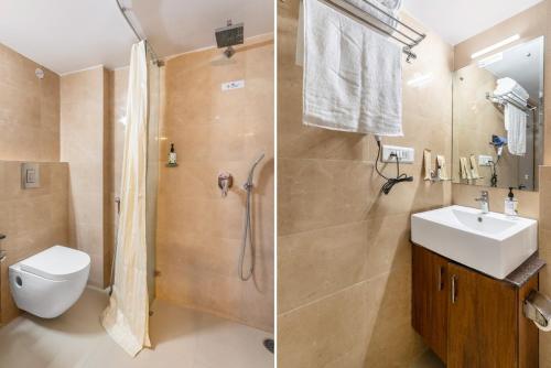 two pictures of a bathroom with a toilet and a sink at Treebo Premium Vinnie - Near Airport in Jaipur