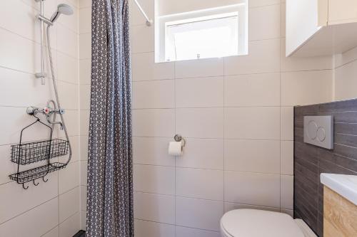 a bathroom with a shower with a toilet and a window at Daisy-Rose aan de Jan Tooropstraat in Domburg