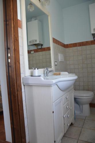 a bathroom with a sink and a mirror and a toilet at B&B La Terrazza Del Subasio in Assisi