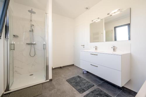 une salle de bain blanche avec une douche et un lavabo dans l'établissement Villa du Clos Briens - Piscine Privée, à Quessoy