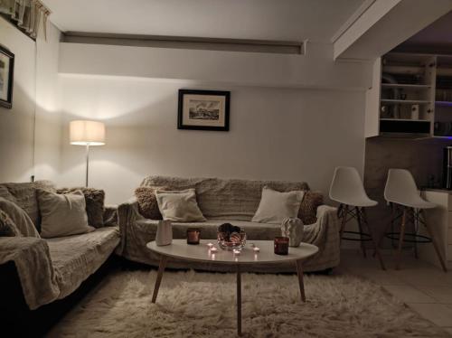 a living room with a couch and a table at Basement Suite in Tríkala