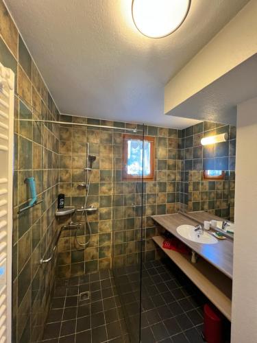 a bathroom with a glass shower and a sink at Résidence Cami Réal **** in Saint-Lary-Soulan