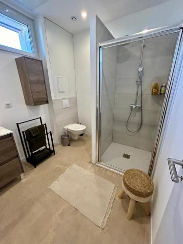 La salle de bains est pourvue d'une douche, de toilettes et d'un tabouret. dans l'établissement Elegance Centre Sète, à Sète