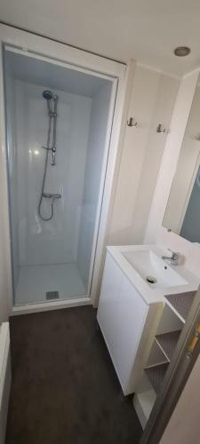 une salle de bain blanche avec une douche et un lavabo dans l'établissement Camping Agde, à Agde