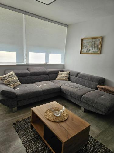 a living room with a couch and a coffee table at Apartmán na skok od kúpeľov in Partizánske