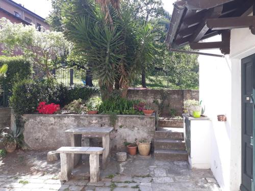 a garden with two benches and a table at Il CORTILETTO in Acquaseria