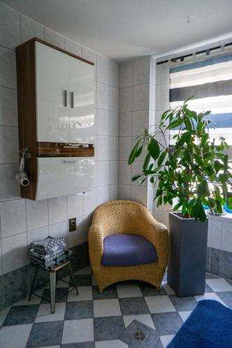 a living room with a chair and a plant at Ferienwohnung Bahnhof Wendehausen in Wendehausen