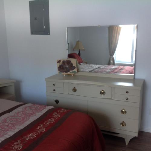 a bedroom with a dresser with a mirror on it at Les appartement 4 saisons des iles in Saint-Gédéon