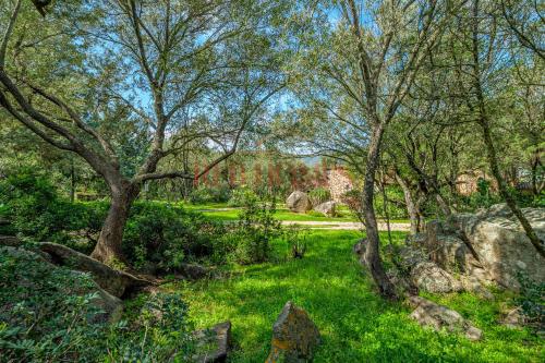 a park with trees and green grass and rocks at La Caletta in Porto Rotondo