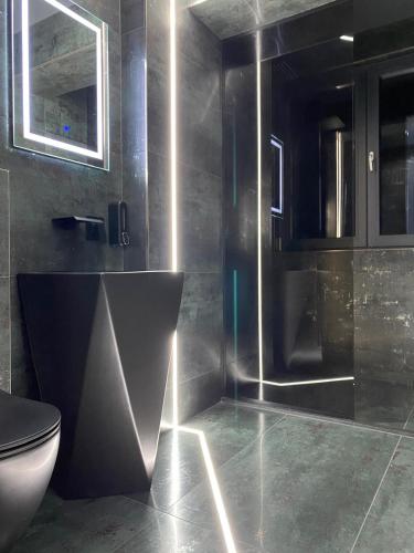 a bathroom with a sink and a toilet in it at Luna Apartments A in Suceava