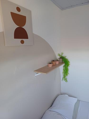 a room with a bed and a shelf with a potted plant at Quarto Privativo Aracaju - Aérea Confort in Aracaju