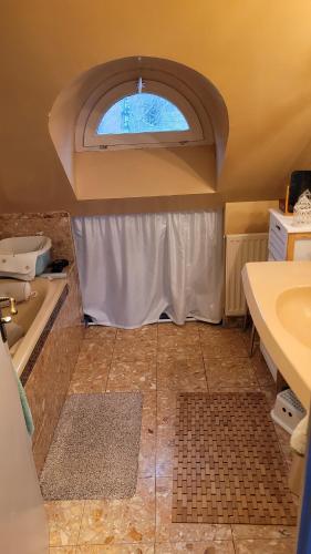 une salle de bain avec une baignoire, un lavabo et une fenêtre dans l'établissement Country house for animals and nature lovers, à Courcy-aux-Loges