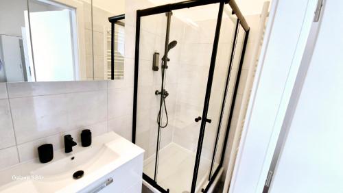 a shower with a glass door next to a sink at Moderne Apartments mit Klima, perfekter Anbindung ins Zentrum und kostenlose Parkplätze! in Vienna