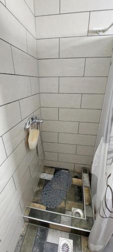 a small bathroom with a shower with a toilet at Vikendica WoodNook Kosmaj - Šumski kutak in Sopot