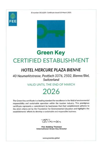 a flyer for a green key certified establishment at Mercure Biel in Biel