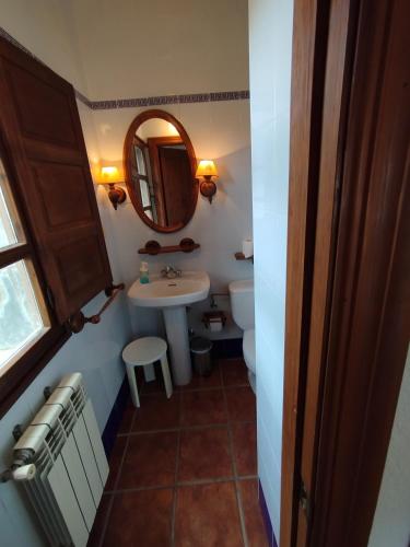 a bathroom with a sink and a mirror and a toilet at Albergue el Caseron de Fuentes Carrionas in Cardaño de Abajo