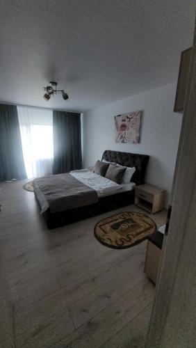 a large bedroom with a bed and a window at Casa Georgia in Tîrgu Ocna