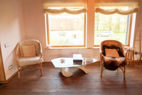 a living room with two chairs and a table and a window at Viesu nams ''Laukezers'' in Vilciņi