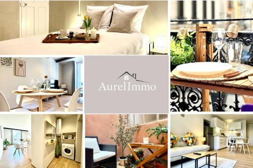 a collage of pictures of a room at Le Cosy Bruey - Appartement Confort au Cœur du Centre Historique - Balcon & Patio in Orange