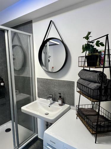 a bathroom with a sink and a mirror at Stillvolles Apartment mitten in little Tokyo in Düsseldorf