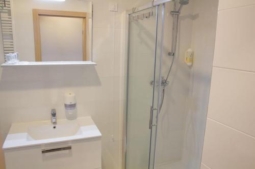 a bathroom with a shower and a sink at Hotel Lika Jug in Brinje