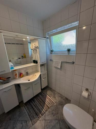 a bathroom with a sink and a toilet and a mirror at Pension im Heidort in Oyten
