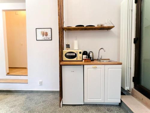 a kitchen with a counter with a sink and a mirror at Central ZEN apartament in Cluj-Napoca