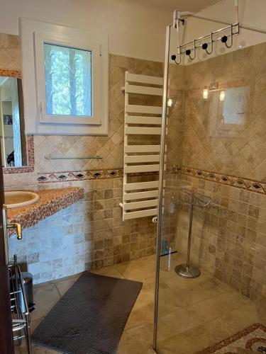 La salle de bains est pourvue d'une douche et d'une cabine de douche en verre. dans l'établissement Maison au pied du Mont Ventoux, à Bédoin