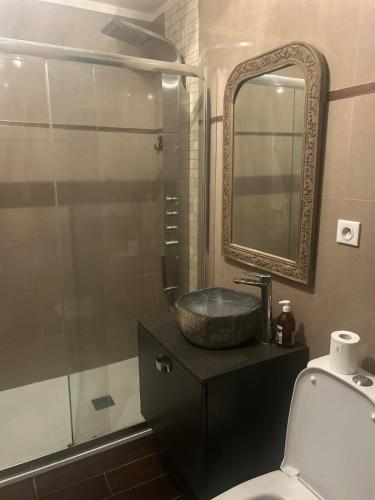 une salle de bain avec un lavabo et un miroir et des toilettes dans l'établissement Casa Di Mammò, à Cervione