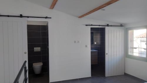 a bathroom with a toilet and a shower and a window at Maison cosy in Saint-Gilles