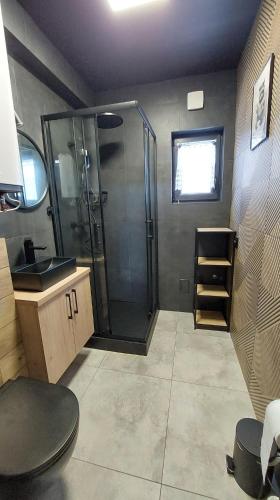 a bathroom with a shower and a sink at Leśne Domki in Życiny