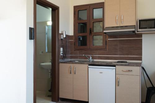 a small kitchen with a sink and a toilet at Asimenis Cottages in Kattavía