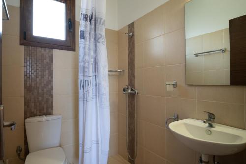 a bathroom with a toilet and a sink and a mirror at Asimenis Cottages in Kattavía