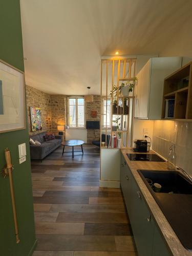 une cuisine avec un comptoir et un salon dans l'établissement Appartement avec terrasse à Hôtel de Ville, à Vannes