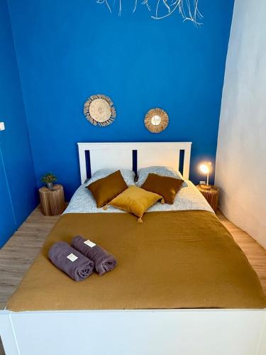 - une chambre bleue avec un lit et 2 serviettes dans l'établissement Studio centre Aix-en-Provence, à Aix-en-Provence