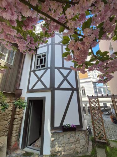 a white house with a window and pink flowers at außergewöhnliches, historisches, spätgotisches Wohnhaus von 1519, Gries 5 in Gera