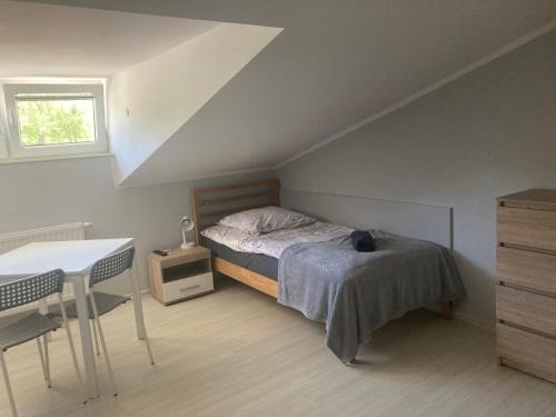 a small bedroom with a bed and a desk at Hostelik Przy Przystanku in Gryfino