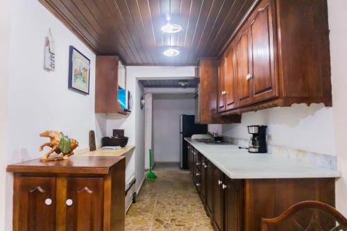 a kitchen with wooden cabinets and a counter top at Hillcrest Sanctuary in Maraval